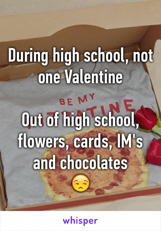 During high school, not one Valentine 

Out of high school, flowers, cards, IM's and chocolates
😒
