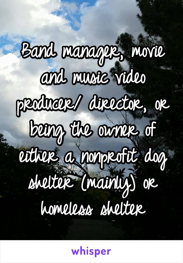 Band manager, movie and music video producer/ director, or being the owner of either a nonprofit dog shelter (mainly) or homeless shelter