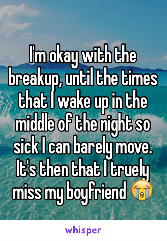 I'm okay with the breakup, until the times that I wake up in the middle of the night so sick I can barely move. It's then that I truely miss my boyfriend 😭