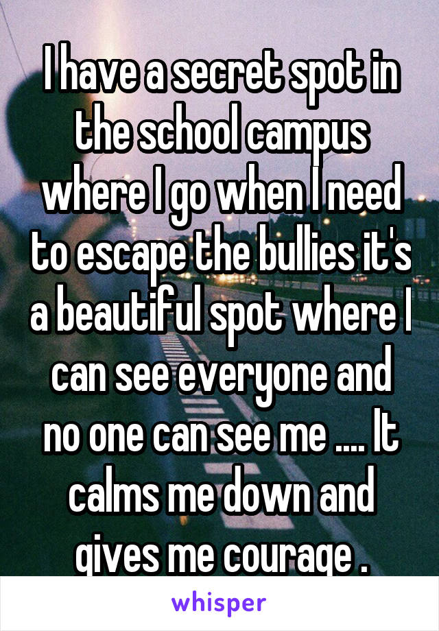 I have a secret spot in the school campus where I go when I need to escape the bullies it's a beautiful spot where I can see everyone and no one can see me .... It calms me down and gives me courage .
