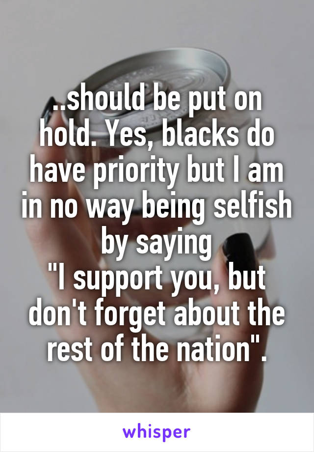 ..should be put on hold. Yes, blacks do have priority but I am in no way being selfish by saying
"I support you, but don't forget about the rest of the nation".