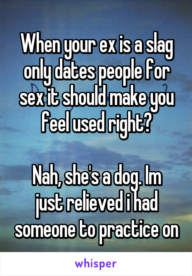 When your ex is a slag only dates people for sex it should make you feel used right?

Nah, she's a dog. Im just relieved i had someone to practice on