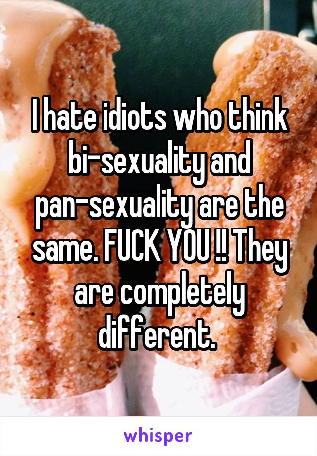 I hate idiots who think bi-sexuality and pan-sexuality are the same. FUCK YOU !! They are completely different. 