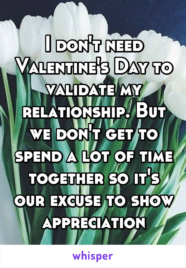 I don't need Valentine's Day to validate my relationship. But we don't get to spend a lot of time together so it's our excuse to show appreciation