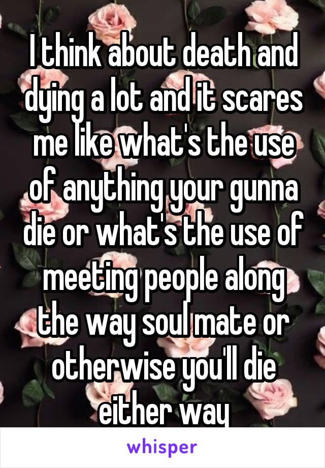I think about death and dying a lot and it scares me like what's the use of anything your gunna die or what's the use of meeting people along the way soul mate or otherwise you'll die either way