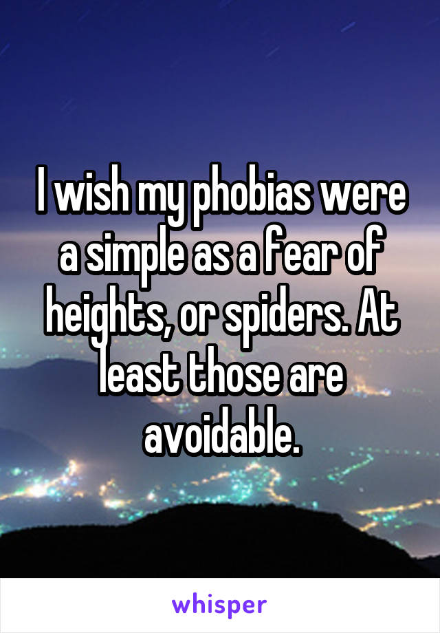 I wish my phobias were a simple as a fear of heights, or spiders. At least those are avoidable.