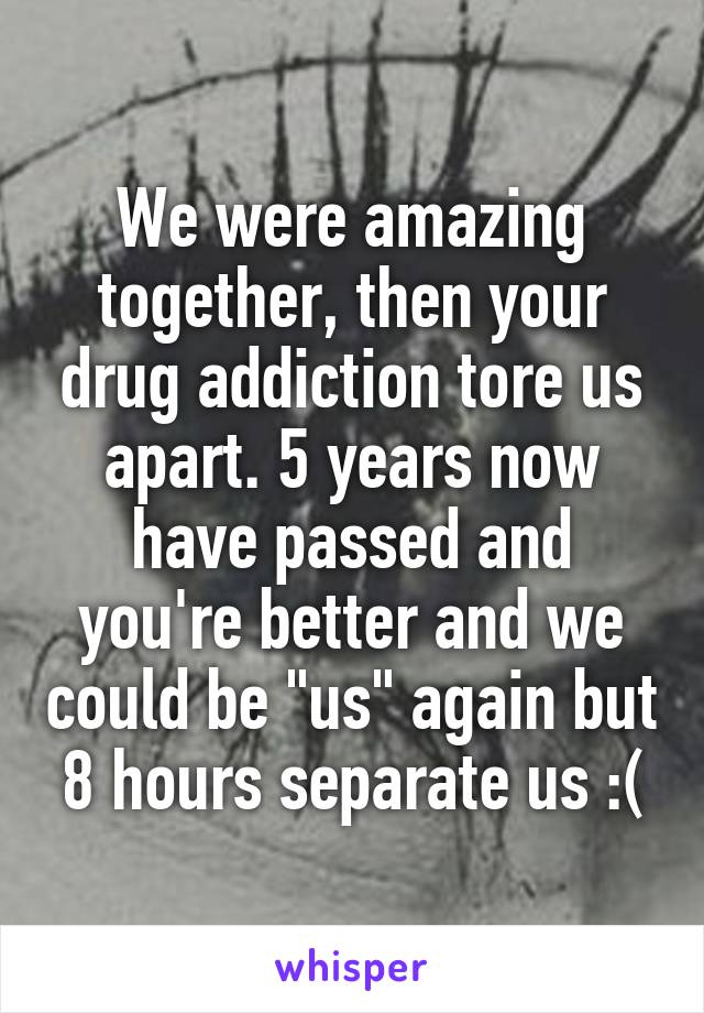We were amazing together, then your drug addiction tore us apart. 5 years now have passed and you're better and we could be "us" again but 8 hours separate us :(