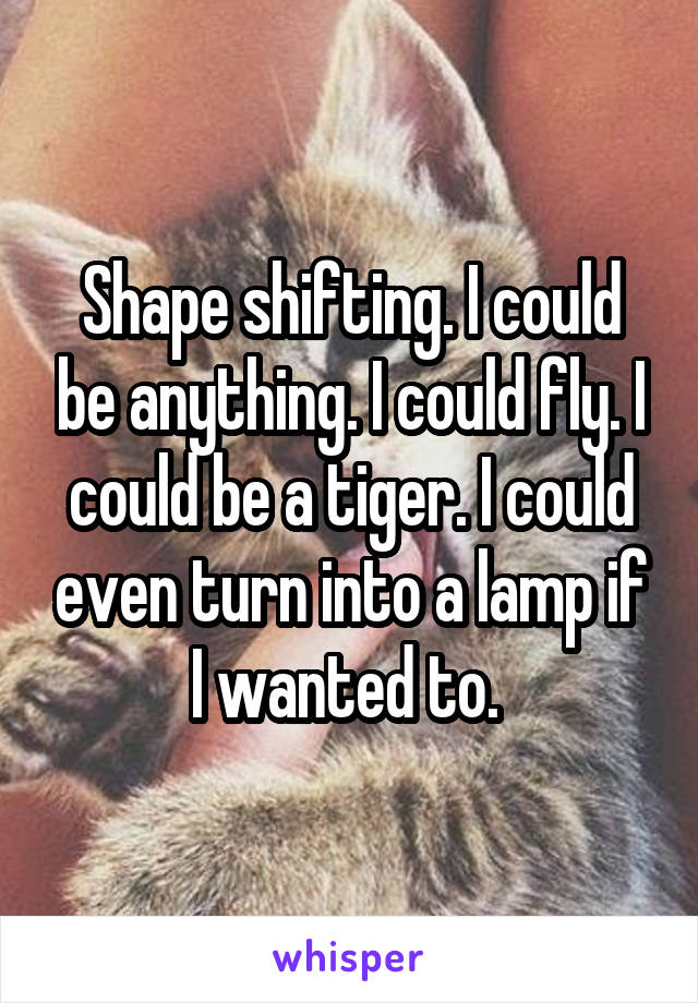 Shape shifting. I could be anything. I could fly. I could be a tiger. I could even turn into a lamp if I wanted to. 