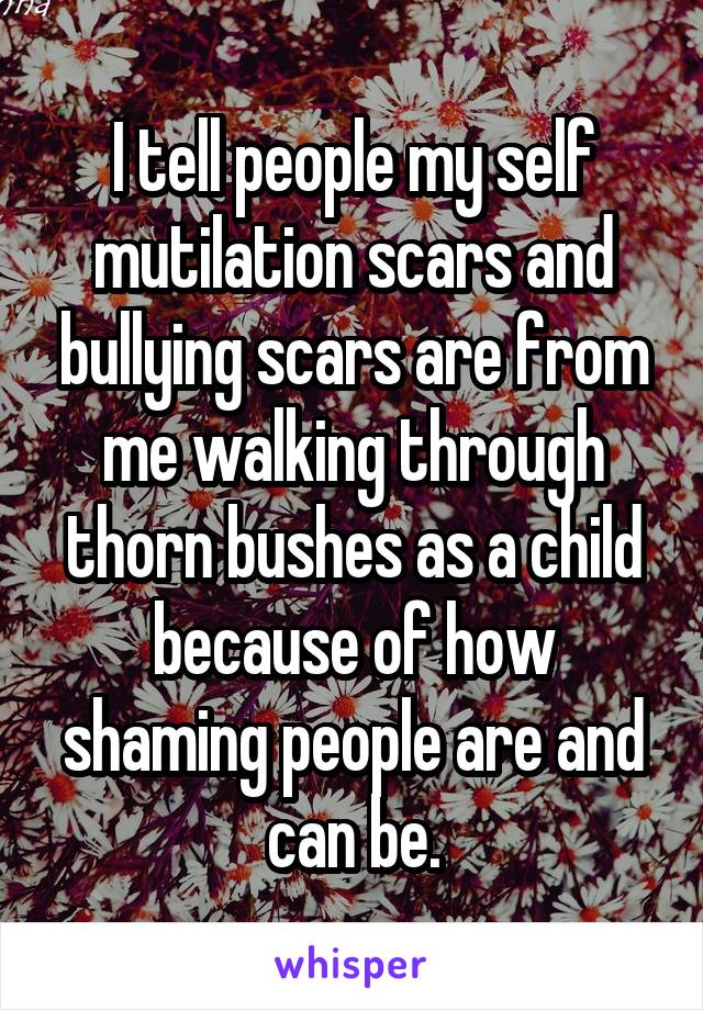 I tell people my self mutilation scars and bullying scars are from me walking through thorn bushes as a child because of how shaming people are and can be.