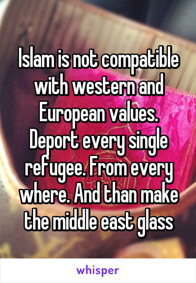 Islam is not compatible with western and European values. Deport every single refugee. From every where. And than make the middle east glass
