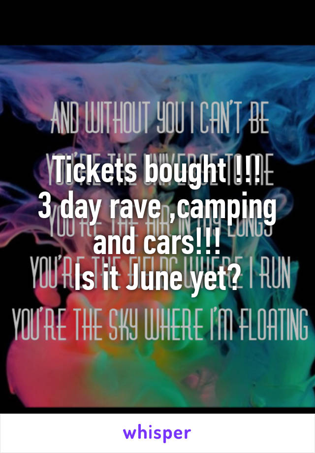 Tickets bought !!!
3 day rave ,camping and cars!!!
Is it June yet?
