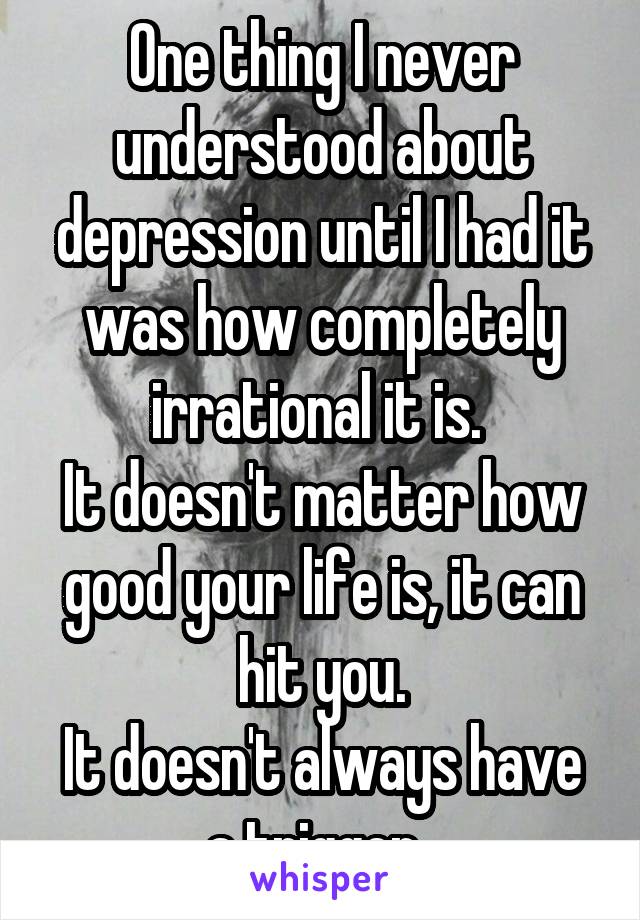 One thing I never understood about depression until I had it was how completely irrational it is. 
It doesn't matter how good your life is, it can hit you.
It doesn't always have a trigger. 