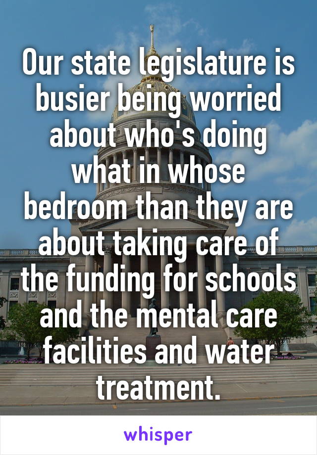 Our state legislature is busier being worried about who's doing what in whose bedroom than they are about taking care of the funding for schools and the mental care facilities and water treatment.