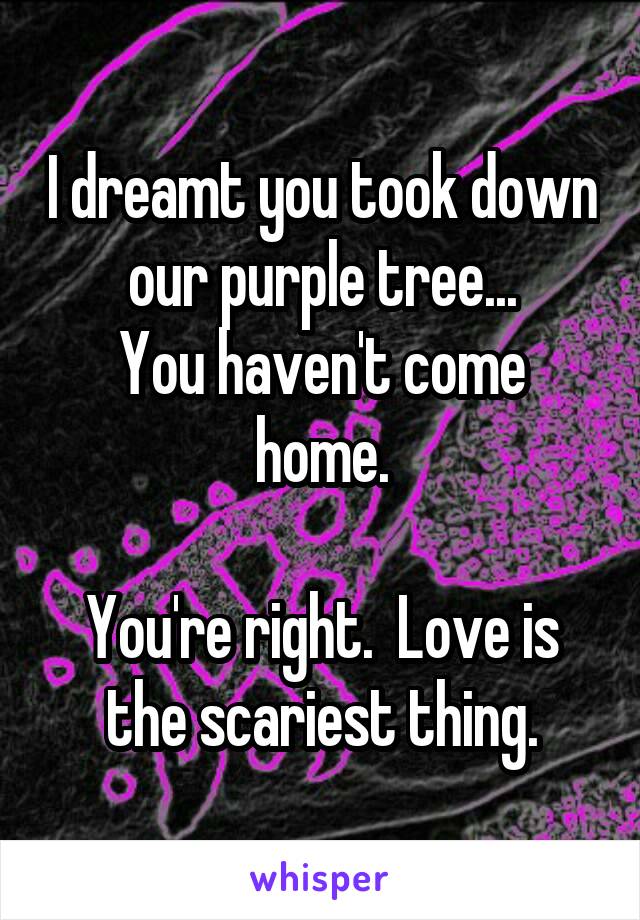 I dreamt you took down our purple tree...
You haven't come home.

You're right.  Love is the scariest thing.