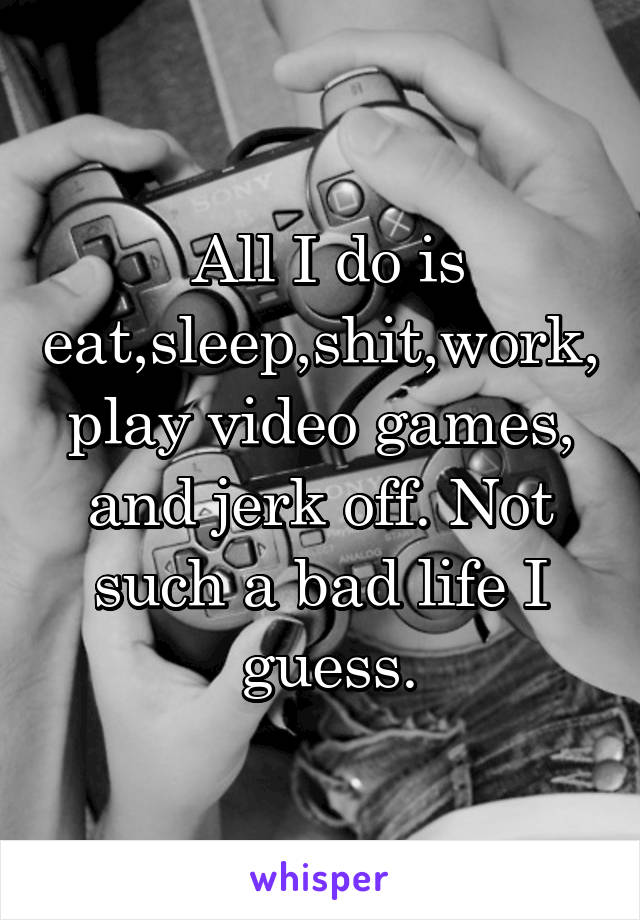 All I do is eat,sleep,shit,work,play video games, and jerk off. Not such a bad life I
 guess.