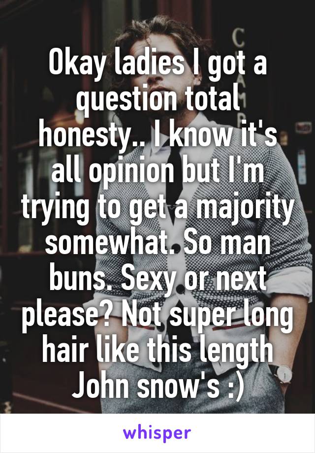 Okay ladies I got a question total honesty.. I know it's all opinion but I'm trying to get a majority somewhat. So man buns. Sexy or next please? Not super long hair like this length John snow's :)