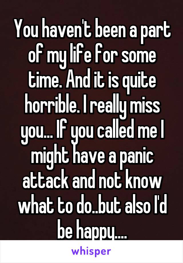 You haven't been a part of my life for some time. And it is quite horrible. I really miss you... If you called me I might have a panic attack and not know what to do..but also I'd be happy....