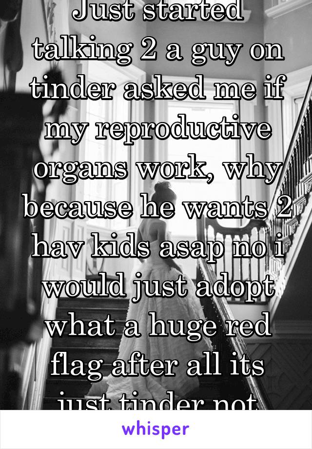 Just started talking 2 a guy on tinder asked me if my reproductive organs work, why because he wants 2 hav kids asap no i would just adopt what a huge red flag after all its just tinder not bridal web
