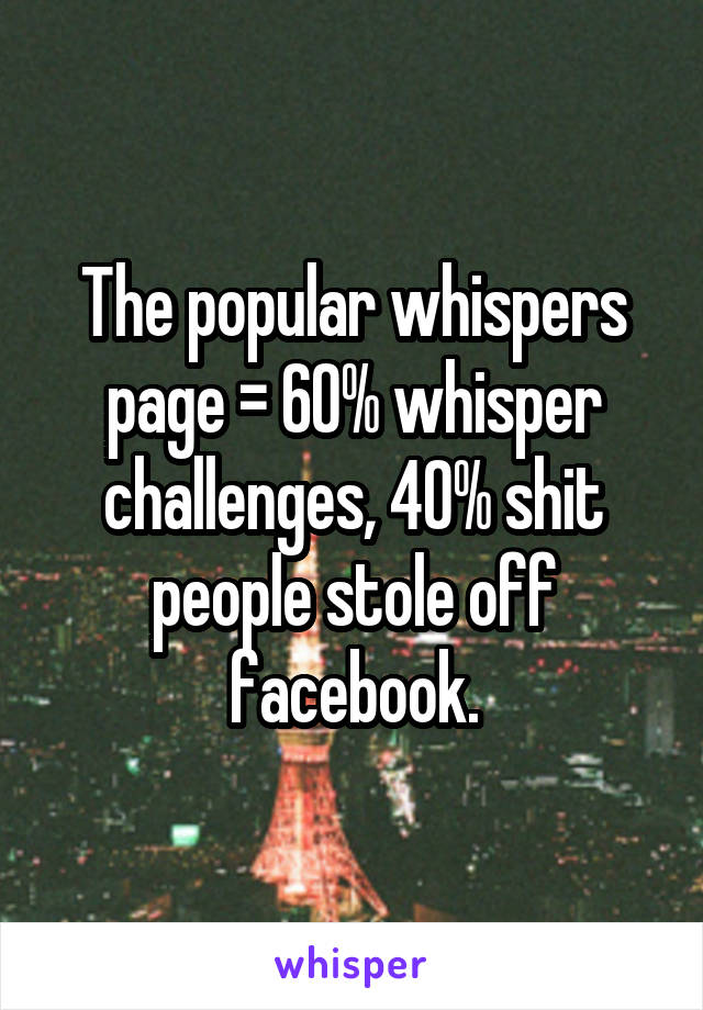 The popular whispers page = 60% whisper challenges, 40% shit people stole off facebook.