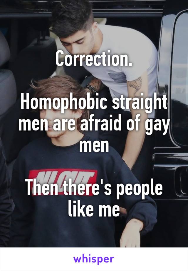 Correction.

Homophobic straight men are afraid of gay men

Then there's people like me