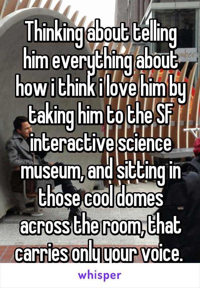 Thinking about telling him everything about how i think i love him by taking him to the SF interactive science museum, and sitting in those cool domes across the room, that carries only your voice. 