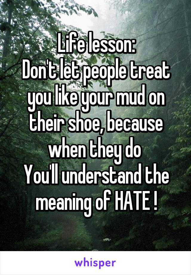 Life lesson:
Don't let people treat you like your mud on their shoe, because when they do 
You'll understand the meaning of HATE !

