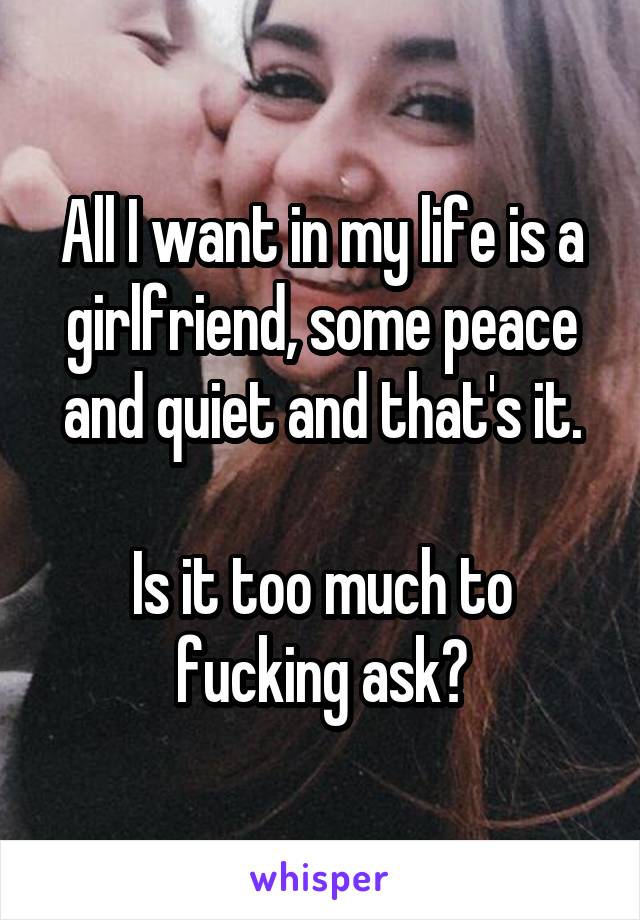 All I want in my life is a girlfriend, some peace and quiet and that's it.

Is it too much to fucking ask?