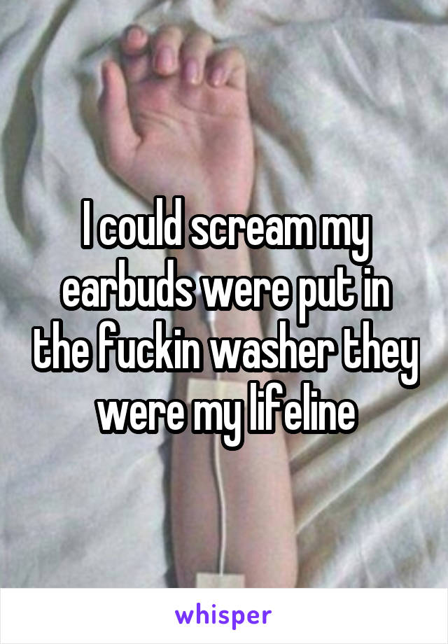 I could scream my earbuds were put in the fuckin washer they were my lifeline