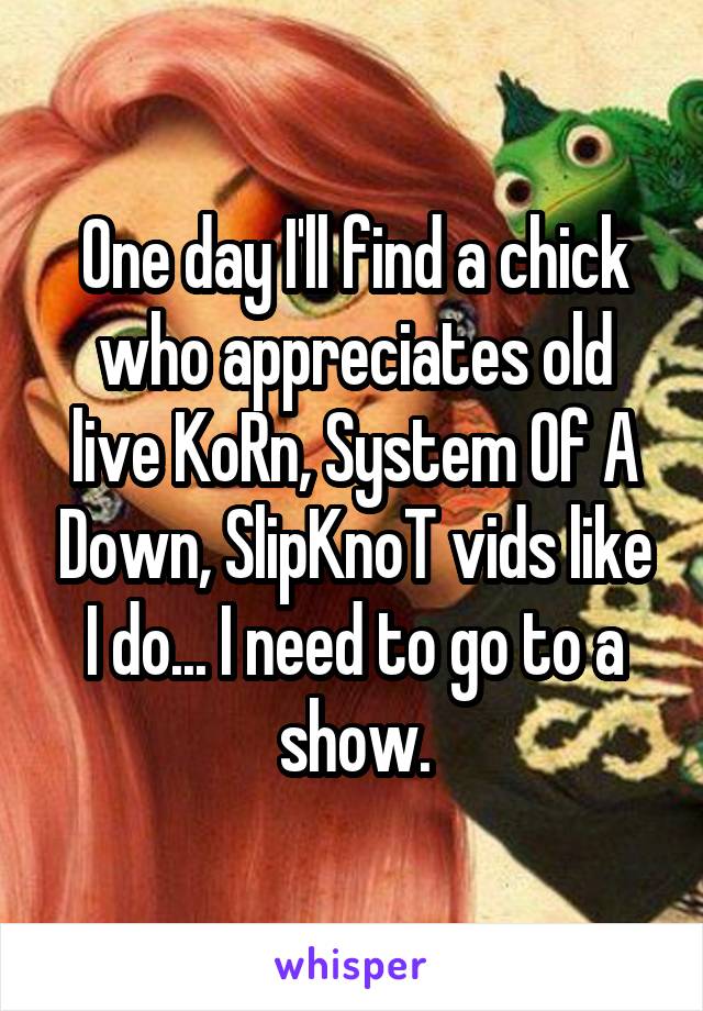 One day I'll find a chick who appreciates old live KoRn, System Of A Down, SlipKnoT vids like I do... I need to go to a show.