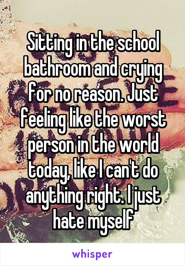 Sitting in the school bathroom and crying for no reason. Just feeling like the worst person in the world today, like I can't do anything right. I just hate myself