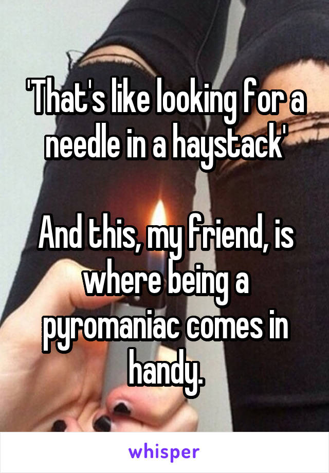 'That's like looking for a needle in a haystack'

And this, my friend, is where being a pyromaniac comes in handy.
