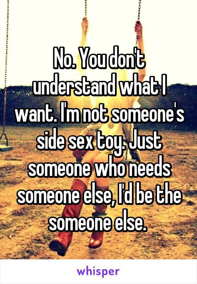 No. You don't understand what I want. I'm not someone's side sex toy. Just someone who needs someone else, I'd be the someone else. 