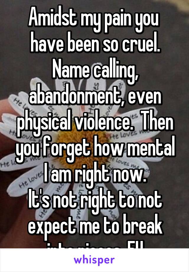 Amidst my pain you  have been so cruel.
Name calling, abandonment, even physical violence.  Then you forget how mental I am right now.
It's not right to not expect me to break into pieces. FU