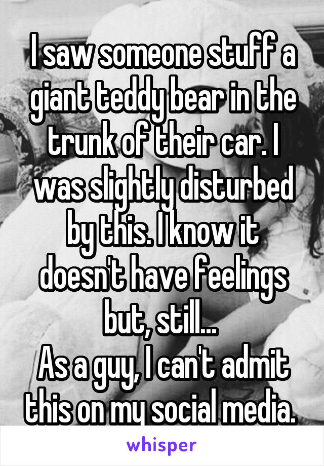 I saw someone stuff a giant teddy bear in the trunk of their car. I was slightly disturbed by this. I know it doesn't have feelings but, still... 
As a guy, I can't admit this on my social media. 