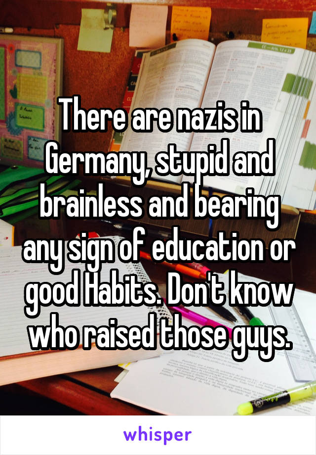 There are nazis in Germany, stupid and brainless and bearing any sign of education or good Habits. Don't know who raised those guys.