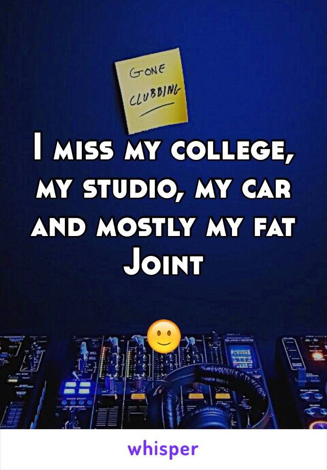 I miss my college, my studio, my car and mostly my fat Joint 

🙂