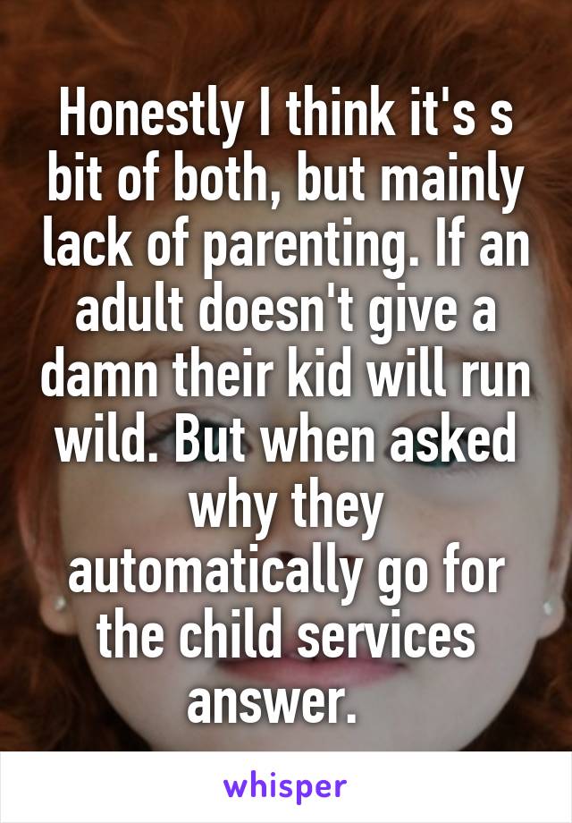 Honestly I think it's s bit of both, but mainly lack of parenting. If an adult doesn't give a damn their kid will run wild. But when asked why they automatically go for the child services answer.  