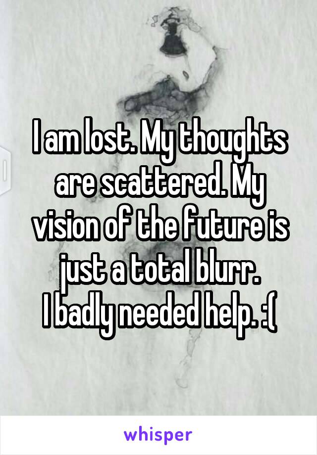 I am lost. My thoughts are scattered. My vision of the future is just a total blurr.
I badly needed help. :(