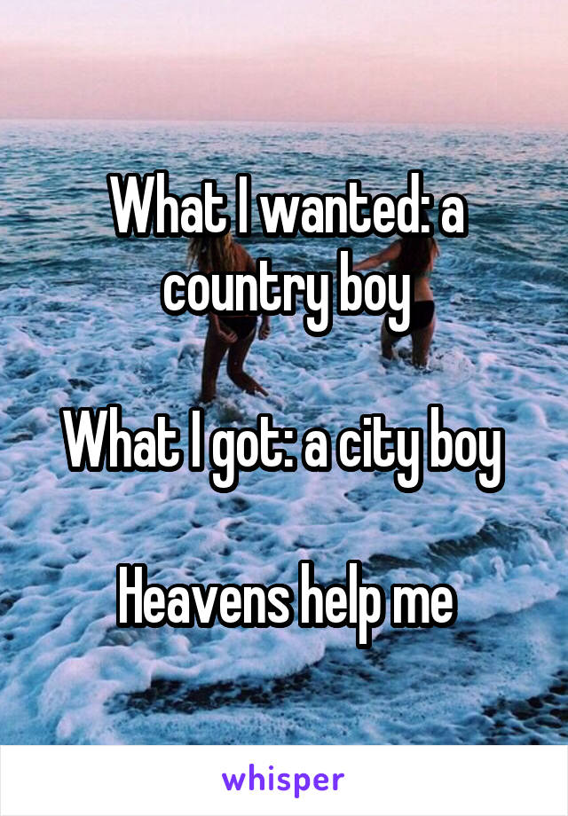 What I wanted: a country boy

What I got: a city boy 

Heavens help me