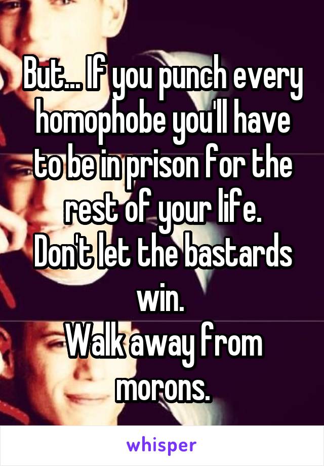 But... If you punch every homophobe you'll have to be in prison for the rest of your life.
Don't let the bastards win. 
Walk away from morons.