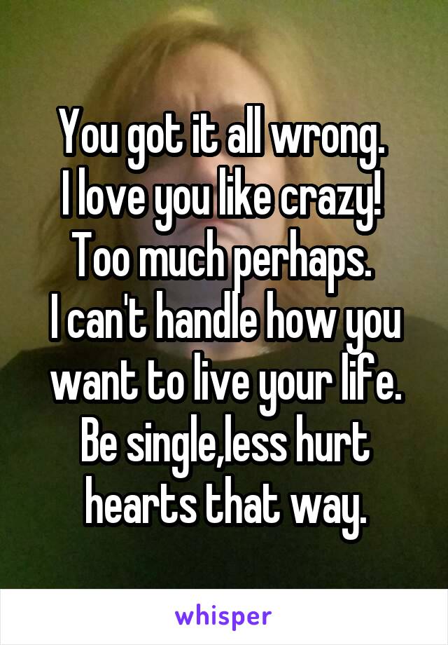 You got it all wrong. 
I love you like crazy!  Too much perhaps. 
I can't handle how you want to live your life. Be single,less hurt hearts that way.
