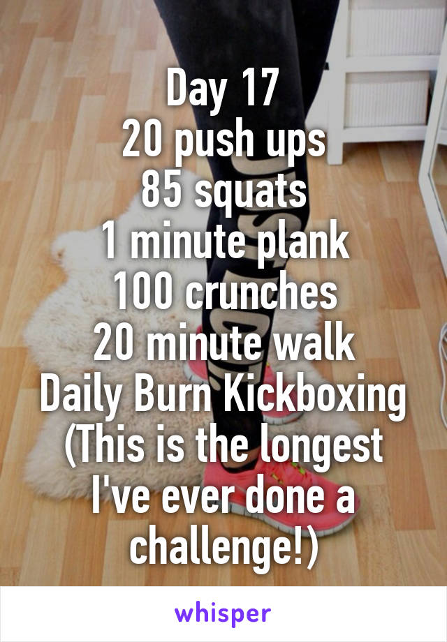 Day 17
20 push ups
85 squats
1 minute plank
100 crunches
20 minute walk
Daily Burn Kickboxing
(This is the longest I've ever done a challenge!)