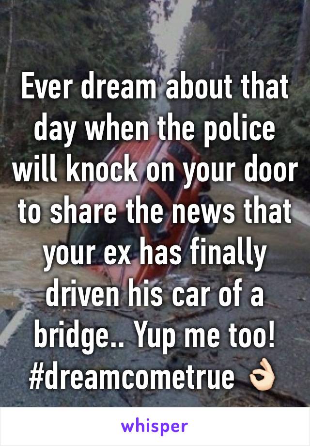 Ever dream about that day when the police will knock on your door to share the news that your ex has finally driven his car of a bridge.. Yup me too! #dreamcometrue 👌🏻