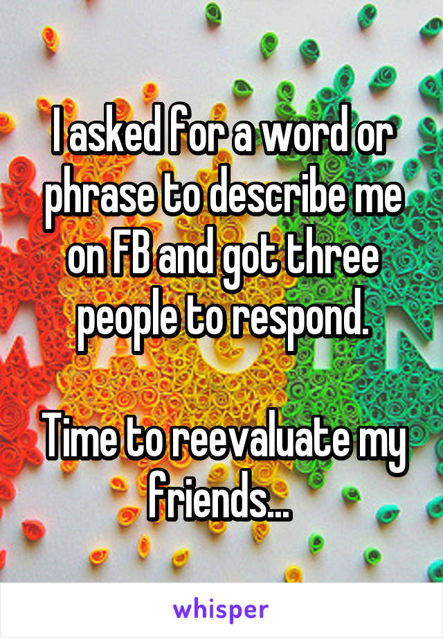 I asked for a word or phrase to describe me on FB and got three people to respond.

Time to reevaluate my friends... 