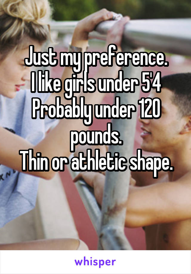 Just my preference.
I like girls under 5'4
Probably under 120 pounds.
Thin or athletic shape.

