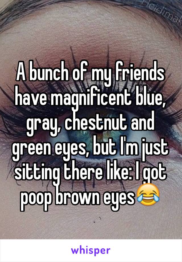 A bunch of my friends have magnificent blue, gray, chestnut and green eyes, but I'm just sitting there like: I got poop brown eyes😂