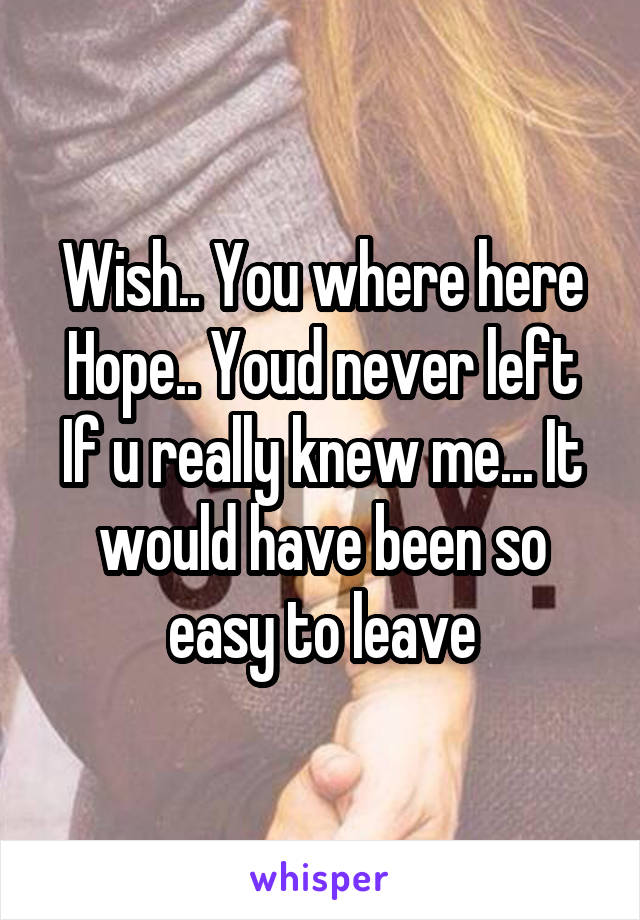 Wish.. You where here
Hope.. Youd never left
If u really knew me... It would have been so easy to leave