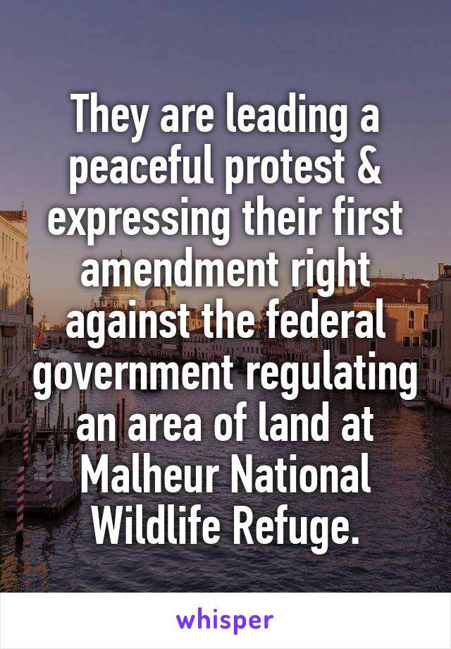 They are leading a peaceful protest & expressing their first amendment right against the federal government regulating an area of land at Malheur National Wildlife Refuge.