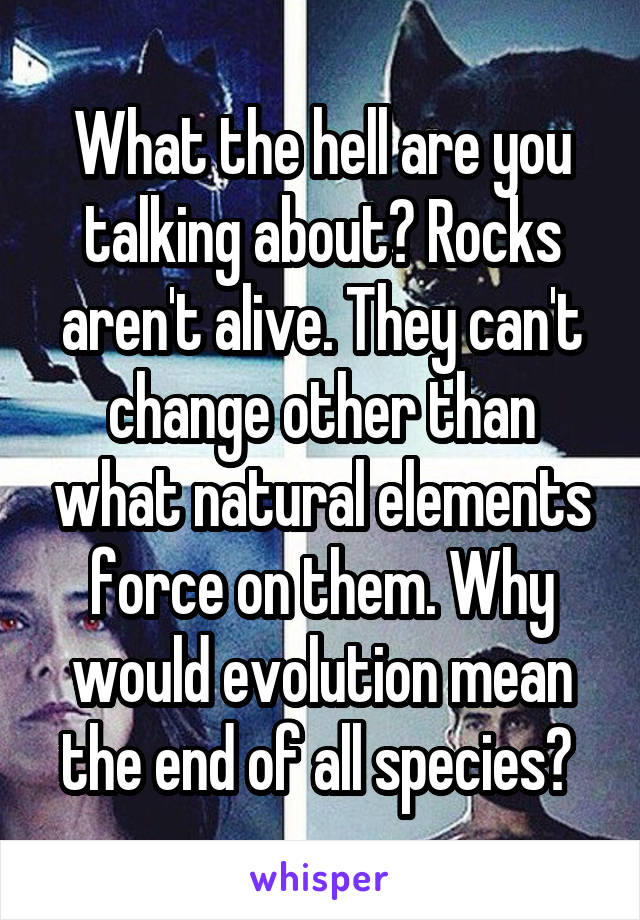 What the hell are you talking about? Rocks aren't alive. They can't change other than what natural elements force on them. Why would evolution mean the end of all species? 