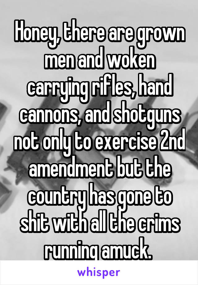 Honey, there are grown men and woken carrying rifles, hand cannons, and shotguns not only to exercise 2nd amendment but the country has gone to shit with all the crims running amuck. 